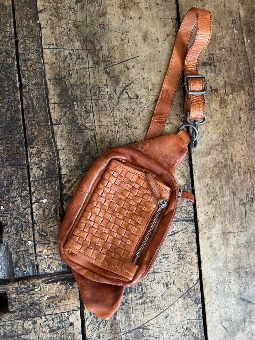 Women's Tan Woven Leather Crossbody Sling Bag